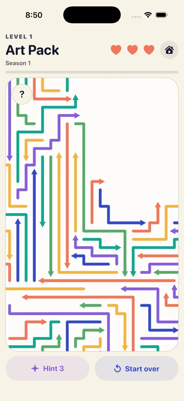A close view of an Arrow Puzzle board